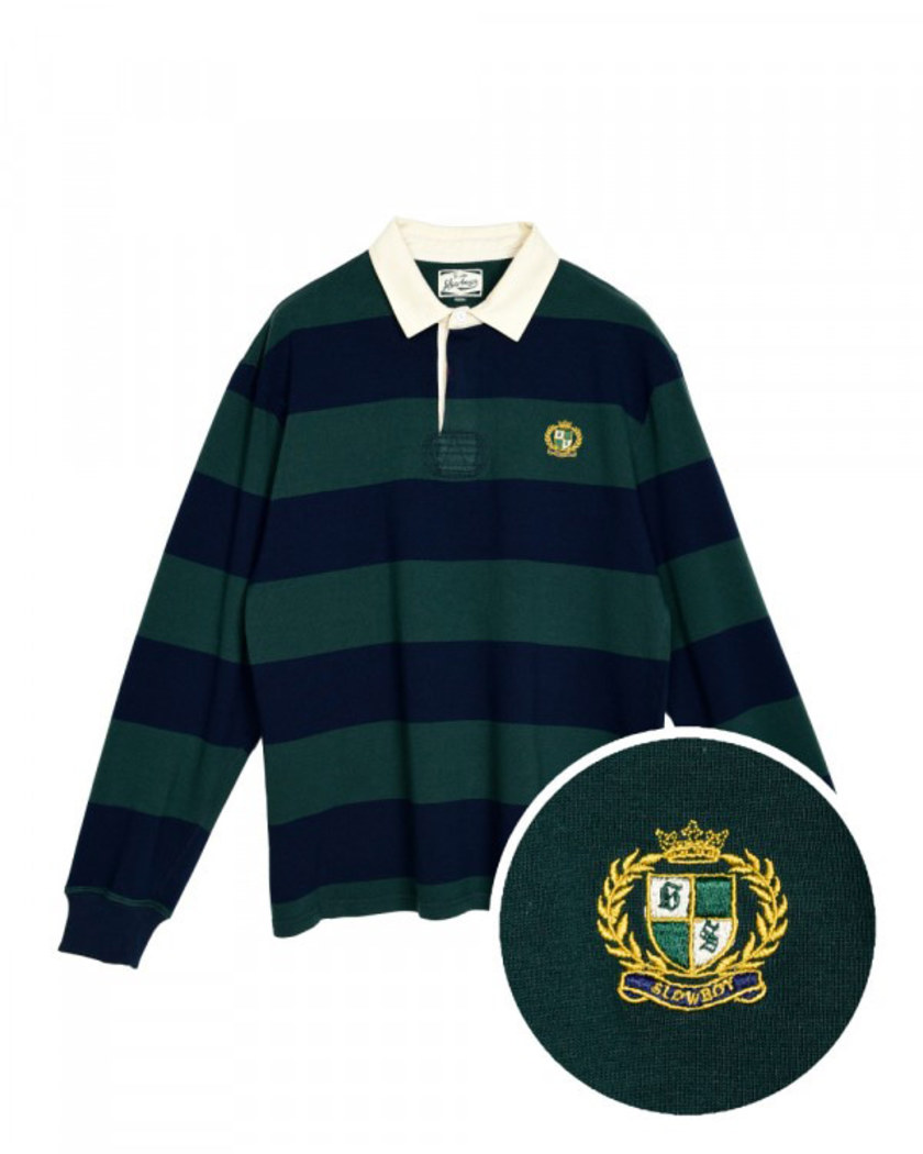 21FW SLOWBOY X OUTSTANDING OVERSIZED LOGO RUGBY JERSEY GREEN NAVY
