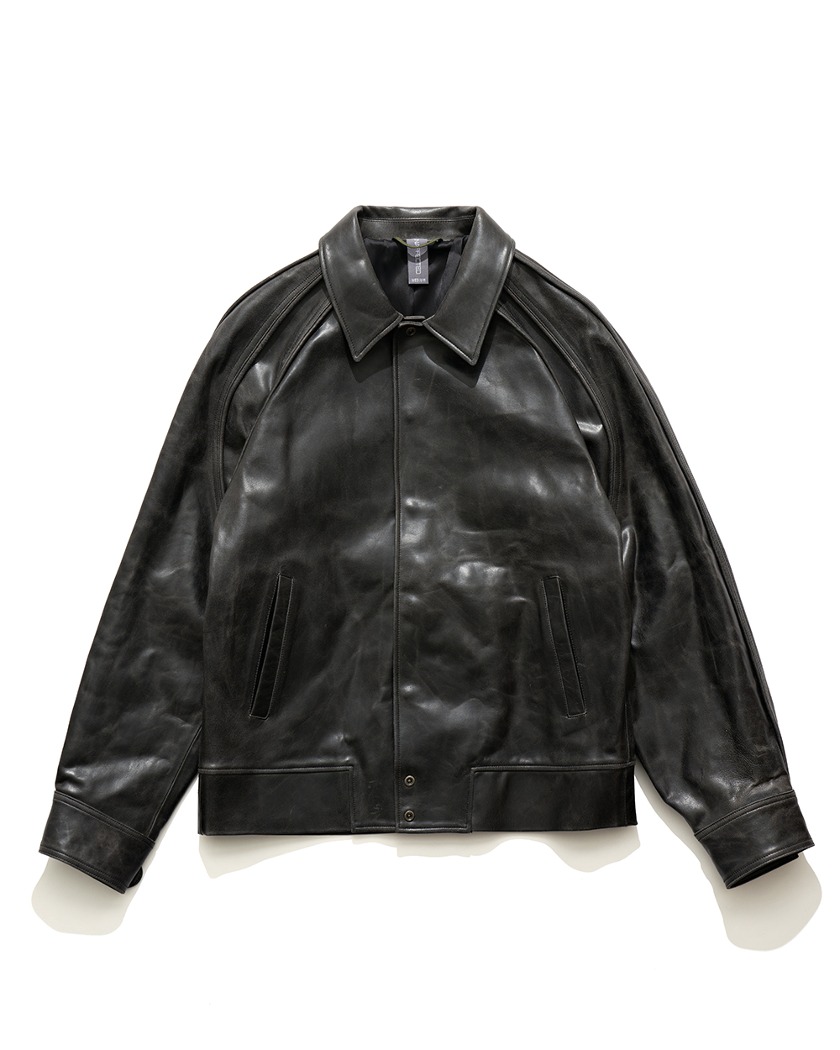 23SS UNAFFECTED LEATHER VARSITY JACKET CRACKED BLACK